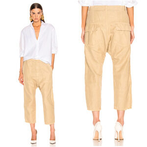 Nili Lotan 4 Drop Crotch Slouchy LINEN Luna Pants Cropped Cotton Khaki Sand
